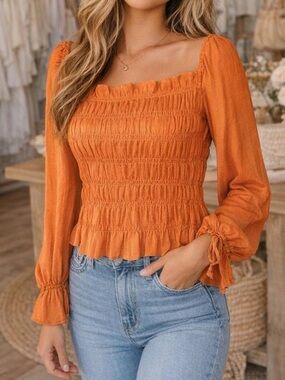 A New Day Target Orange Smocked Square-Neck Long Sleeve Blouse